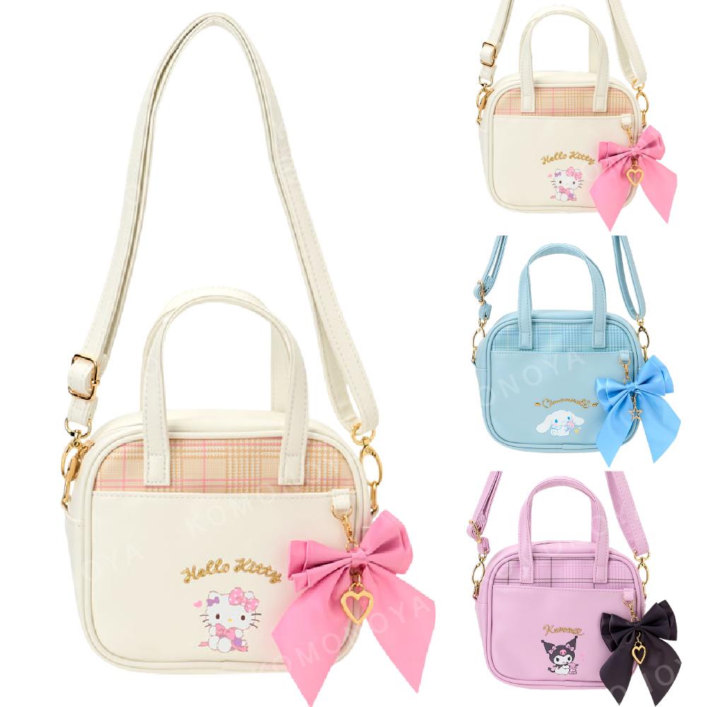 小禮堂 Sanrio 三麗鷗 兒童造型皮質兩用斜背包 (格紋蝴蝶結款) Kitty 大耳狗 酷洛米