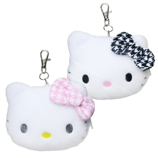 小禮堂 Sanrio 三麗鷗 Hello Kitty 絨毛大頭伸縮票卡零錢包 (千鳥格)