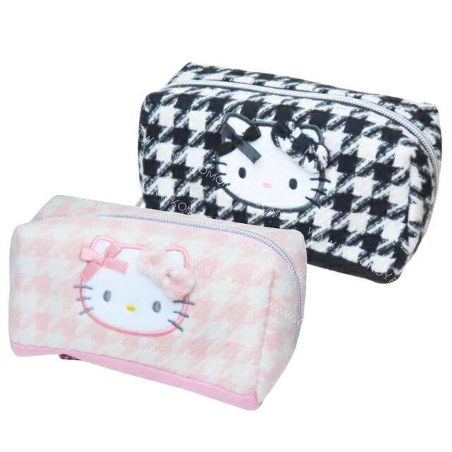 小禮堂 Sanrio 三麗鷗 Hello Kitty 刺繡大臉長型化妝包 (千鳥格)