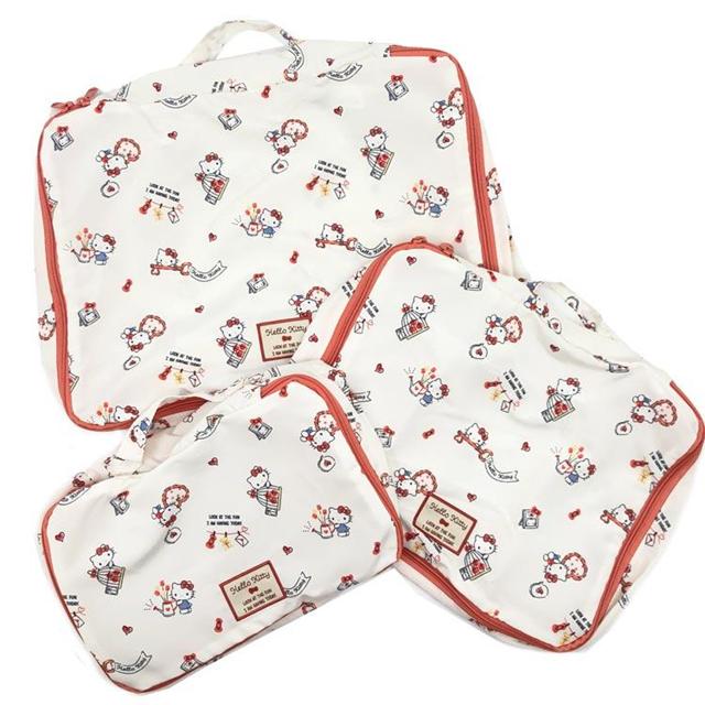 小禮堂 Sanrio 三麗鷗 Hello Kitty 旅行收納包3入組 (米紅滿版款)