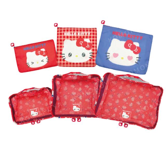 小禮堂 Sanrio 三麗鷗 Hello Kitty 旅行收納包6入組 紅 (格紋表情款)