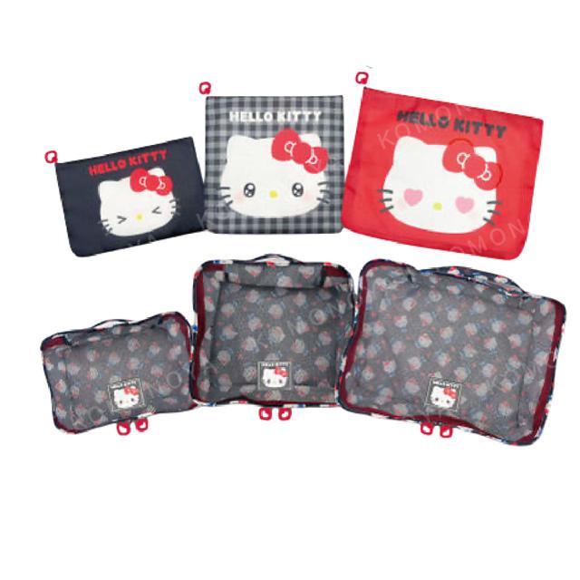 小禮堂 Sanrio 三麗鷗 Hello Kitty 旅行收納包6入組 黑 (格紋表情款)