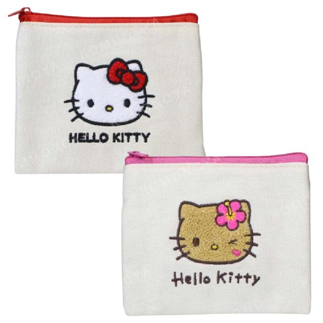 小禮堂 Sanrio 三麗鷗 Hello Kitty 帆布扁平零錢包 (刺繡大臉款)