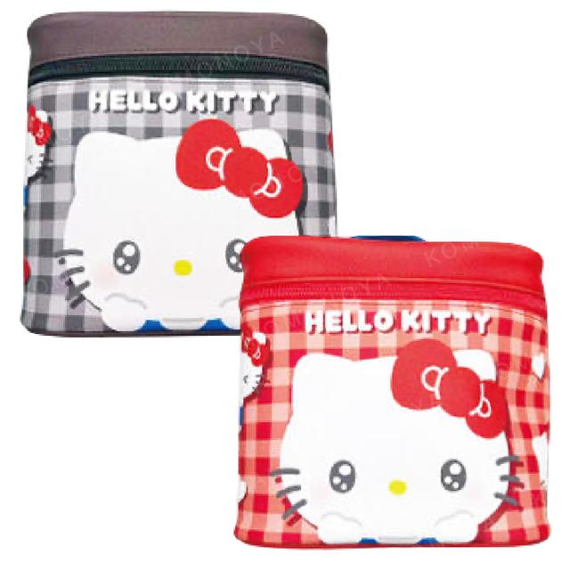 小禮堂 Sanrio 三麗鷗 Hello Kitty 皮質手提化妝包附鏡 (格紋表情款)