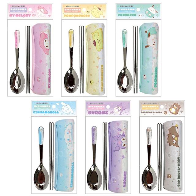 小禮堂 Sanrio 三麗鷗 潛水布不鏽鋼餐具組 (趴姿款) 美樂蒂 布丁狗 大耳狗