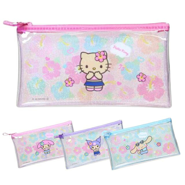 小禮堂 Sanrio 三麗鷗 PVC扁平拉鍊筆袋 (曬黑扶桑花款) Kitty 美樂蒂 酷洛米 大耳狗