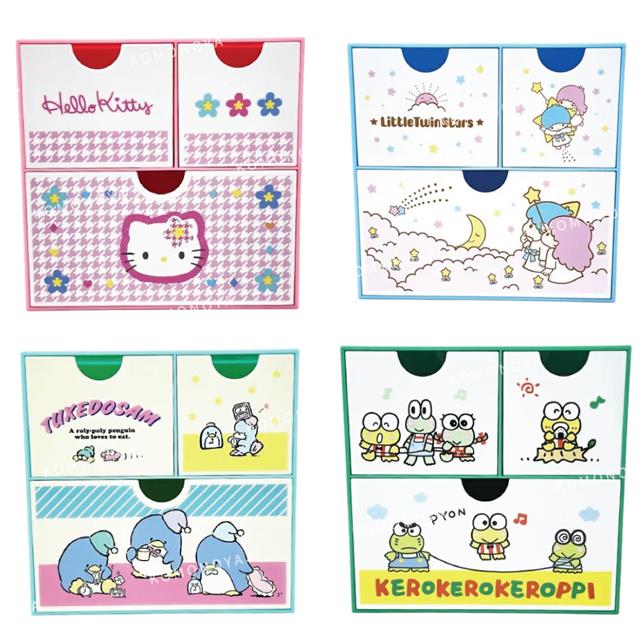 小禮堂 Sanrio 三麗鷗 三格抽屜收納盒 (生活款) Kitty 雙子星 大眼蛙 山姆企鵝