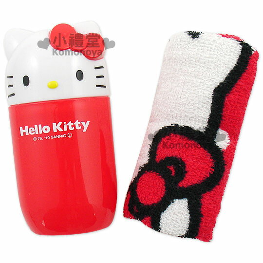 <br/><br/>  〔小禮堂〕Hello Kitty 造型日製毛巾罐組《紅.臉形蓋》方便外出攜帶<br/><br/>