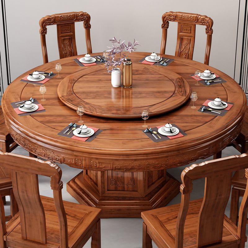 烏金木新中式雕花餐桌椅組合家用古典實木圓桌紅木家具帶轉盤飯桌
