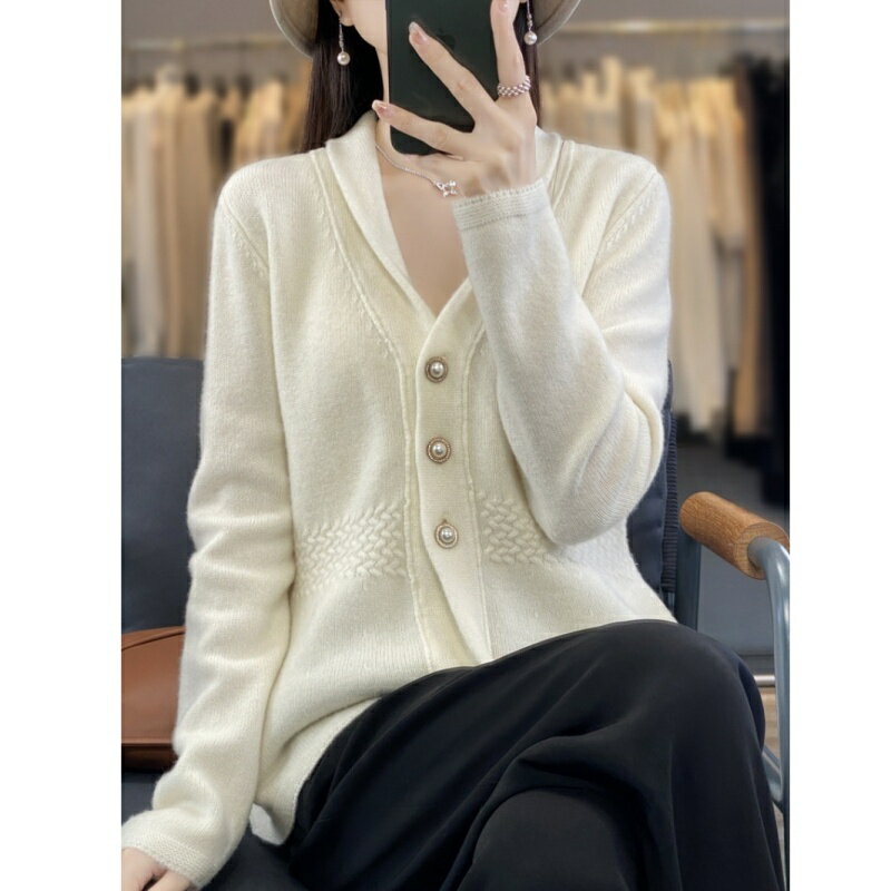 【巴黎精品】現貨+預購 100%羊毛外套針織毛衣-保暖日系V字領收腰絞花顯瘦三扣裙擺大衣女外套4色a1id47