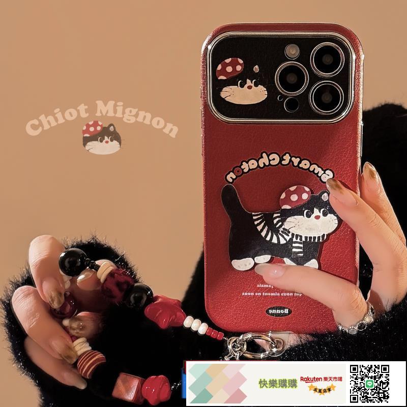 INS紅色卡通貓咪適用16PRO MAX蘋果手機殼IPHONE15皮質卡通17掛鏈