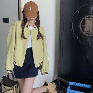 黃綠色短款棒球服外套女春秋高級感ins潮香港復古