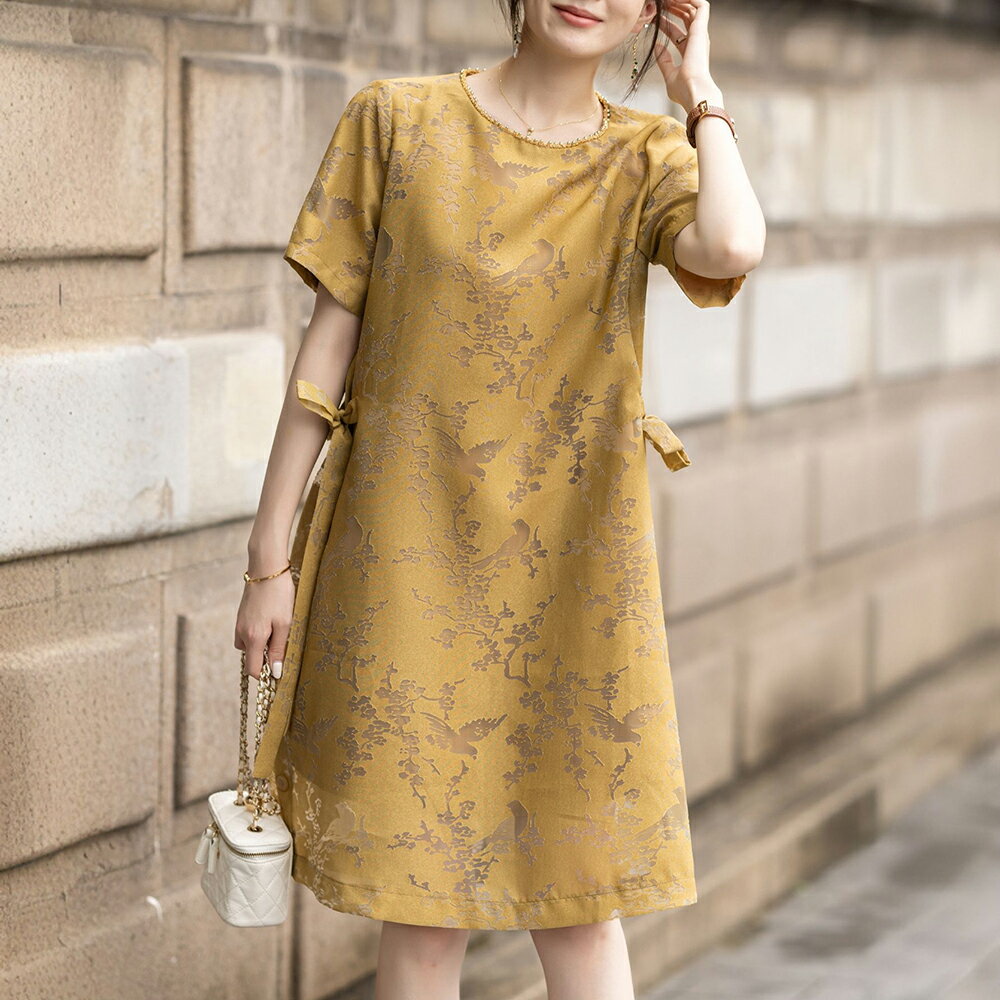 ＊ORead＊圓領蝴蝶結燒花工藝連身裙(黃色S~4XL)