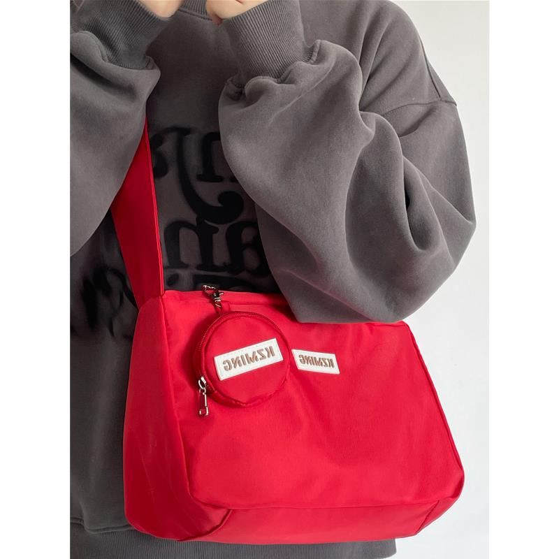 休閒尼龍包包女運動紅色斜背包大容量側背包上課通勤包流行女包【木屋雜貨】