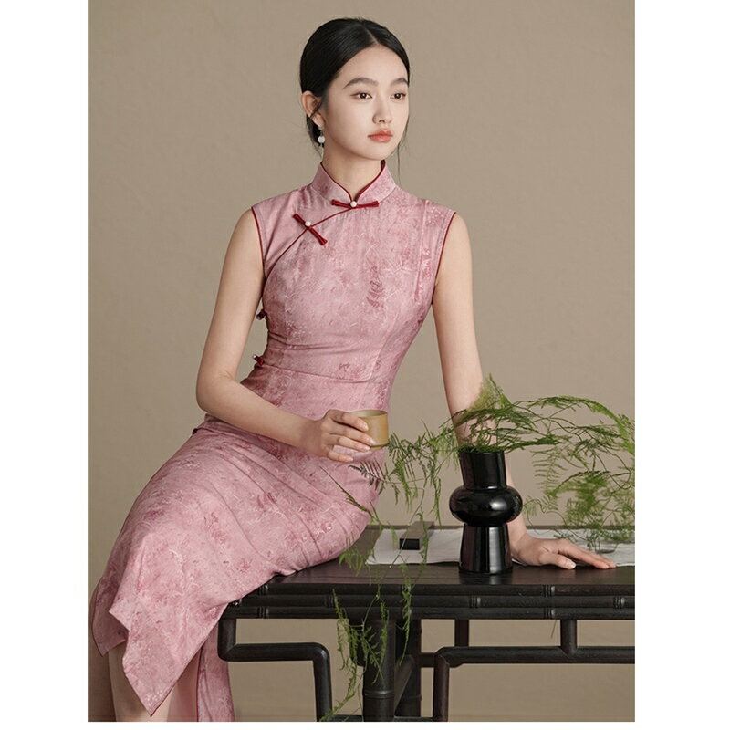【巴黎精品】連身裙改良式旗袍-無袖絲質收腰長款女裙子a1gc50