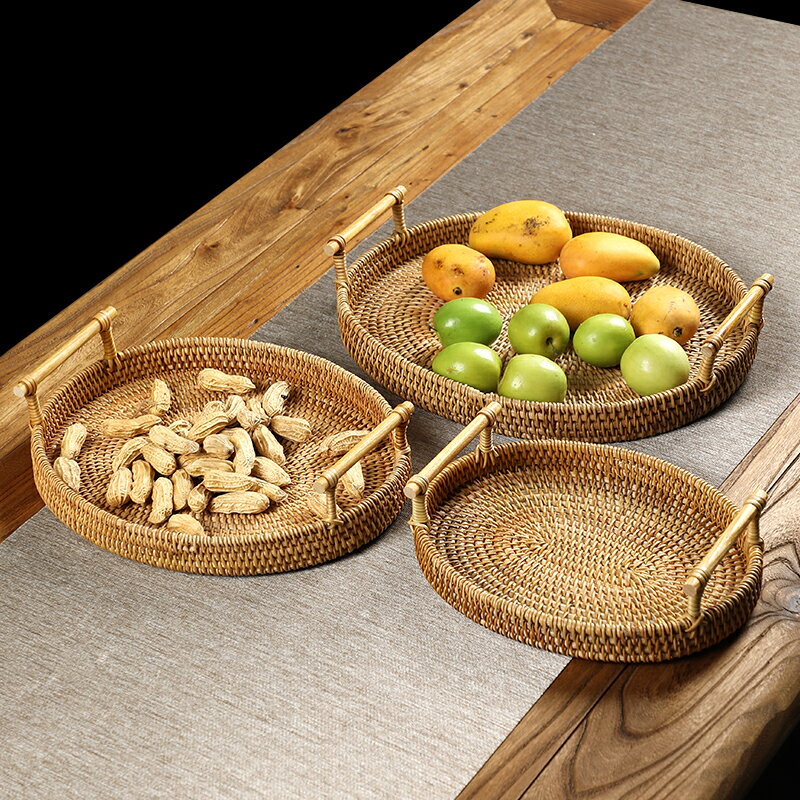 手工越南藤編托盤 面包水果零食茶點盤 家用圓形桌面收納筐小吃盤