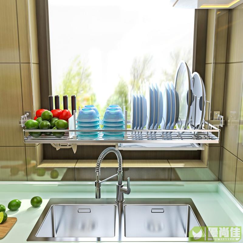 【可以客制挂杆長度】免打孔厨房置物架 304不锈钢壁挂碗碟盘子沥水收纳架 可以安裝在窗戶内側位置