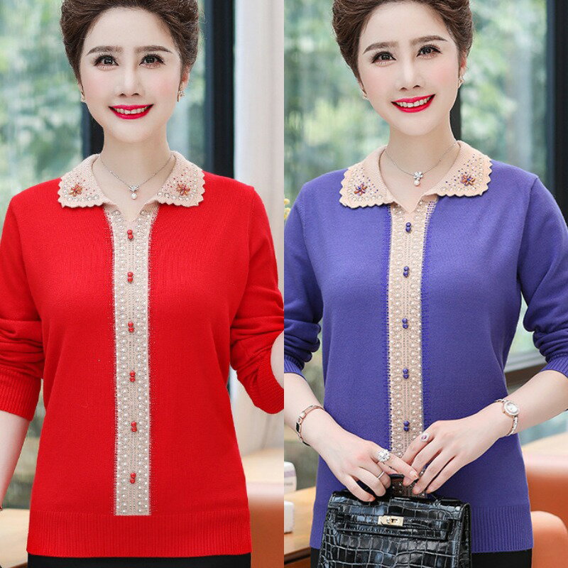 【米蘭精品】現貨+預購 高級針織衫上衣秋冬毛衣寬鬆大碼休閒女裝百搭媽媽裝-長袖珍珠薄款女上衣6色74mo82