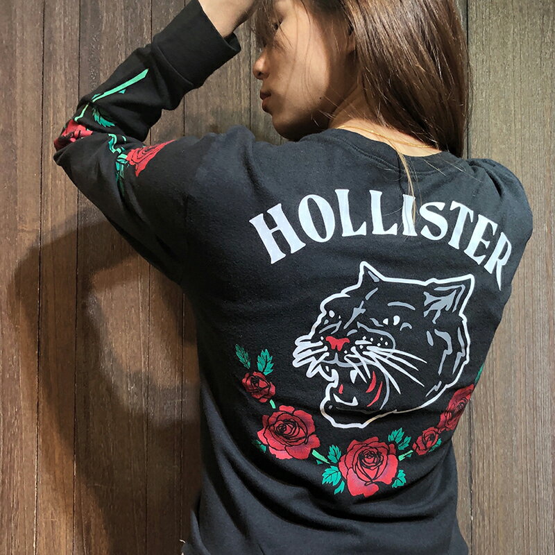 美國百分百【全新真品】Hollister Co. 薄長袖 T恤 HCO 海鷗 玫瑰與豹 女 短版 黑色 XS號 AX70
