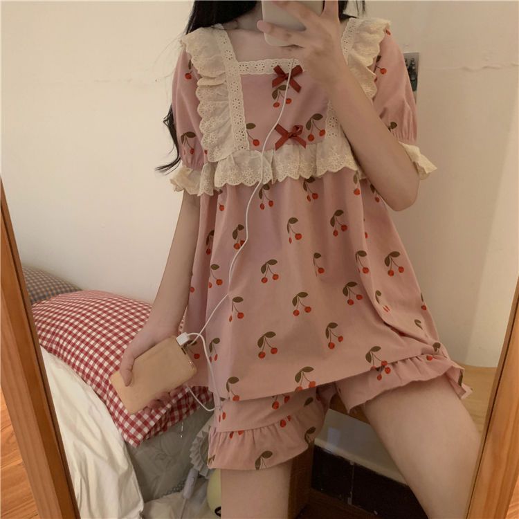 睡衣 夏季花邊短袖睡裙 公主風睡衣套裝 女款法式甜美家居服 可愛睡裙 女生居家睡衣睡裙【不二雜貨】