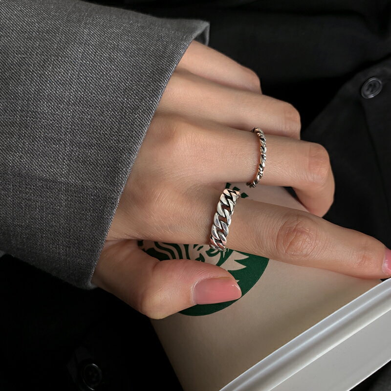 925純銀麻花戒指女小眾設計食指戒ins潮復古做舊鏈條指環個性尾戒 2