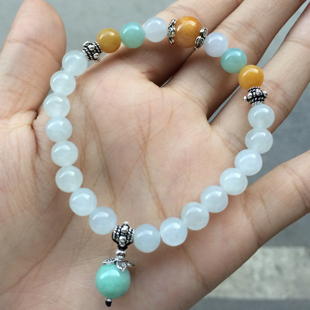 正品天然玉石A貨老坑冰糯種8mm翡翠三彩圓珠女士手串手鏈