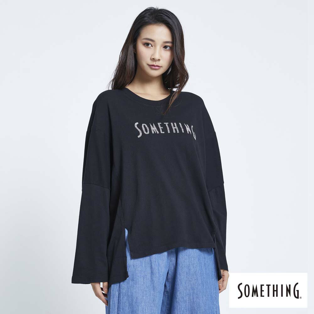 SOMETHING 女款 寬版條紋LOGO長袖T恤 (黑色)