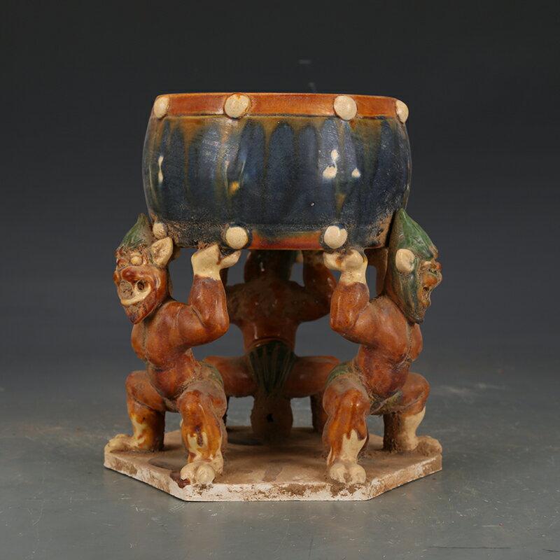 唐三彩神獸鼎鼓古董古玩收藏真品手工擺件出土瓷器老物件