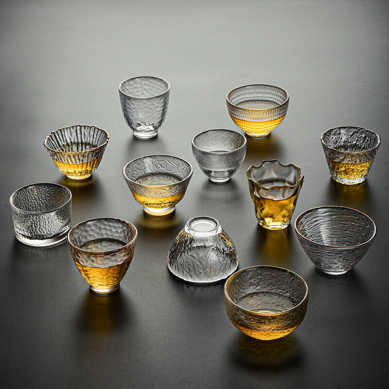 玻璃杯茶杯杯子小號描金錘紋水杯酒杯日式純手工透明主人功夫單杯