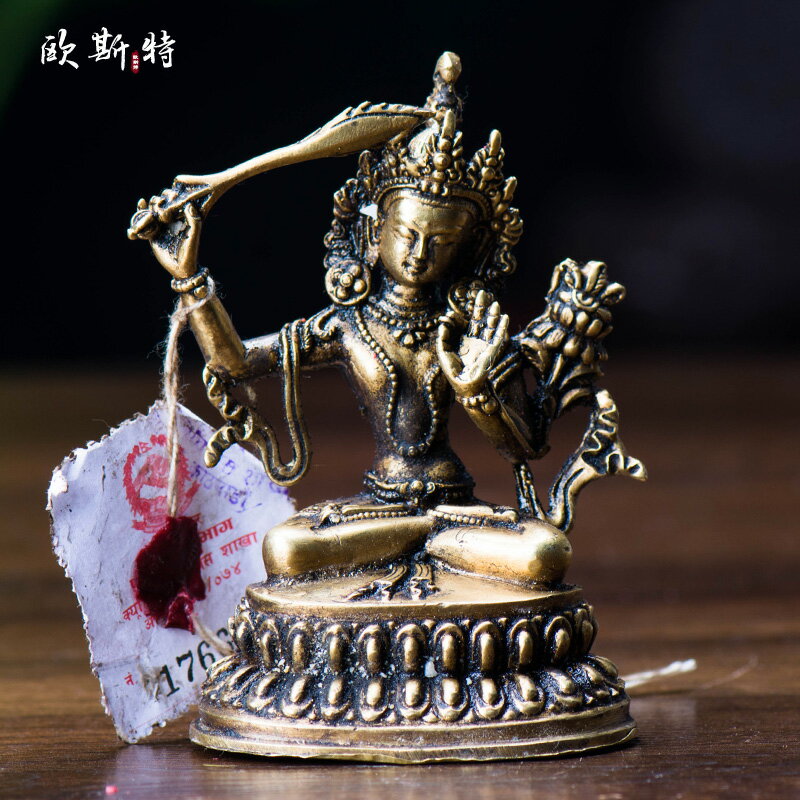 藏傳佛教用品 密宗佛像擺件尼泊爾手工青銅做舊3寸文殊菩薩佛像