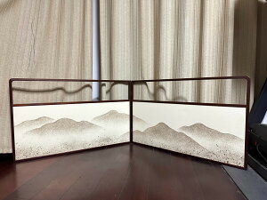 日本中古回流實木框雙曲撒金山水畫圍爐擋榻榻米屏風茶道屏風風爐