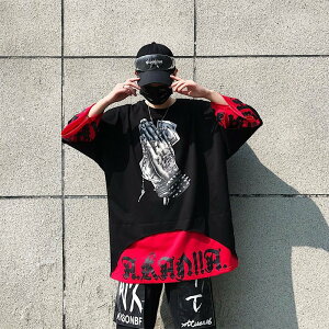 FINDSENSE2019 夏季 新款 韓國 街頭 嘻哈 撞色 拼接 個性印花 時尚 寬鬆 個性短袖 半袖T恤 潮男上衣