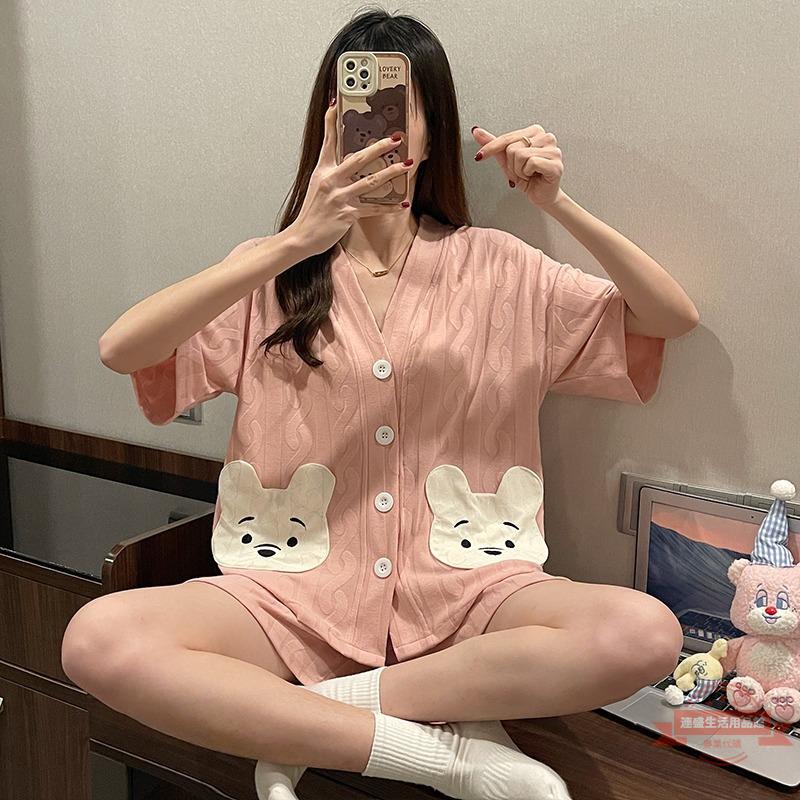 短袖棉質睡衣女夏季新款簡約可愛卡通可外穿網紅兩件套短褲家居服