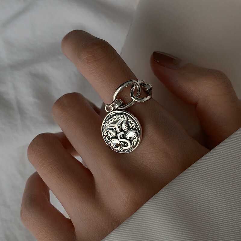 純銀復古硬幣人像戒指女泰銀做舊嘻哈食指戒酷暗黑系甜酷吊墜指環 2