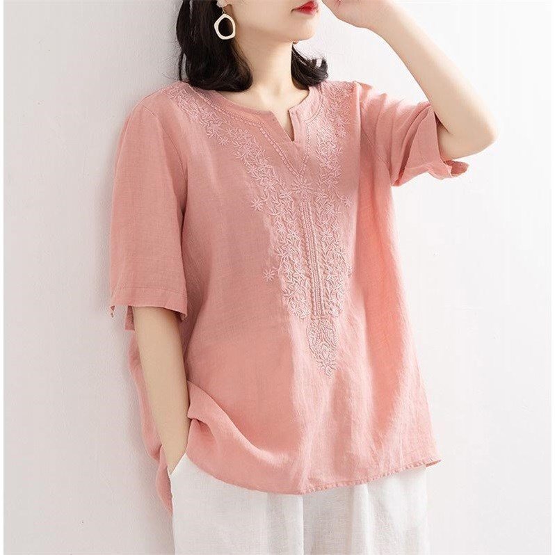 棉麻刺繡V領T恤女春夏新款寬松大碼短袖媽媽裝民族風亞麻上衣