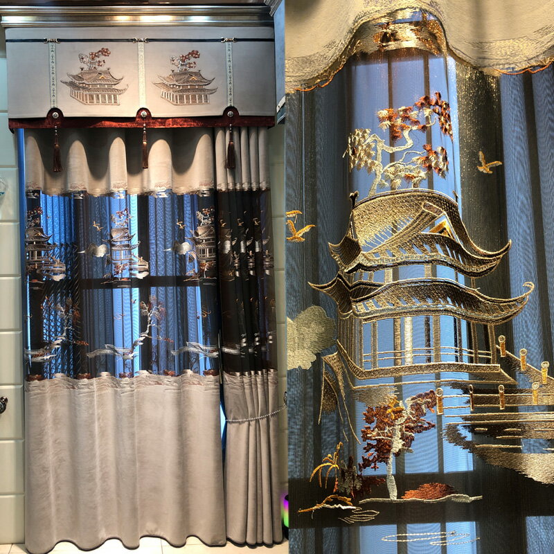 新中式鏤空繡花窗簾窗紗客廳奢華絨布中國風紗簾書房落地窗成品