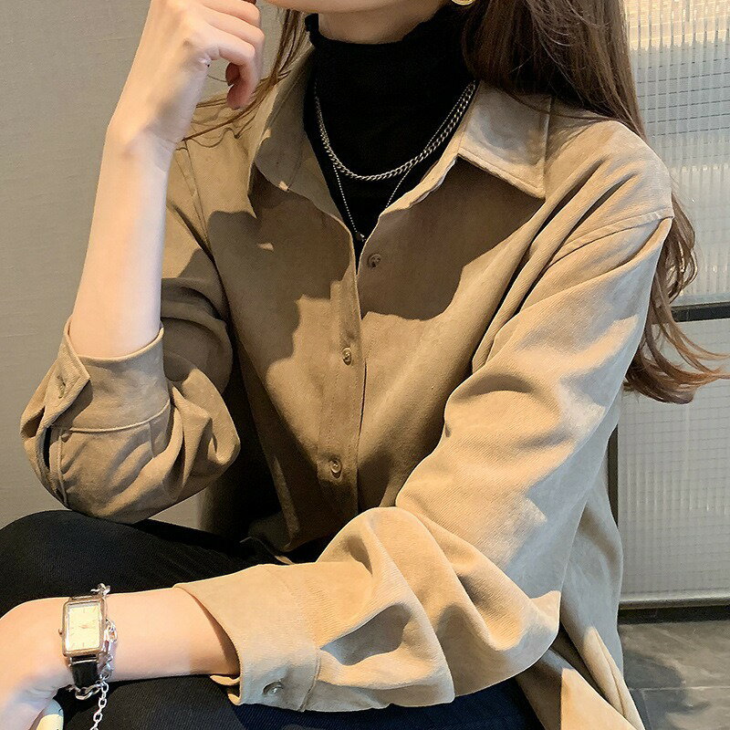 女裝 外套 韓系風 氣質上衣 韓版  襯衫女秋冬疊穿設計感上衣燈芯絨復古港味長袖磨毛白襯衣外套 2