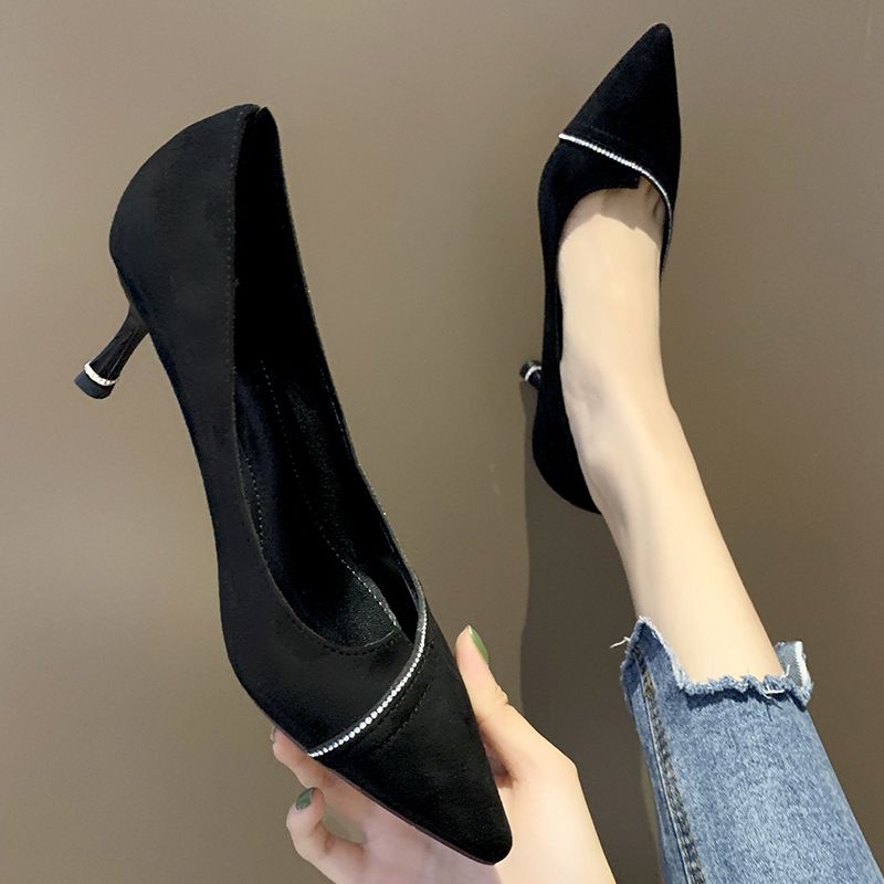 單鞋女2024春季新款韓版網紅百搭設計感黑色工作鞋高跟鞋女細跟