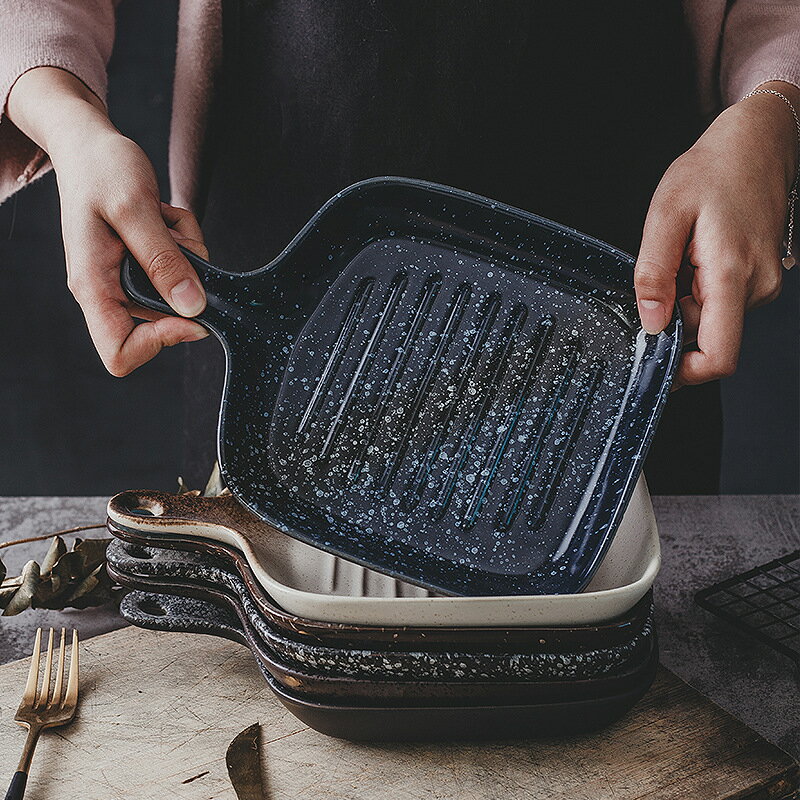 日式創意陶瓷網紅盤子餐具家用菜盤牛排西餐北歐餐盤帶手柄盤