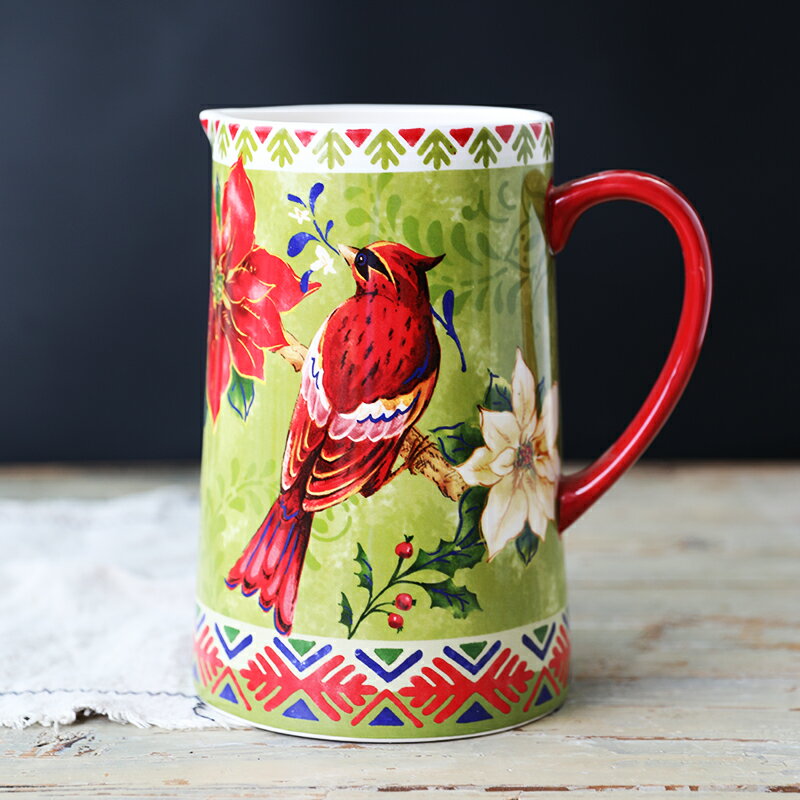 紅色花鳥圖案水罐花插家居裝飾花瓶冷水壺餐桌廚房陶瓷花插擺件