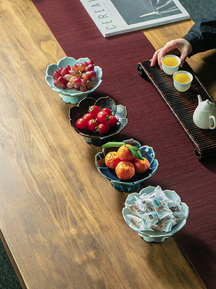 高腳茶點盤陶瓷點心干果盤中式復古禪意精致可瀝水高足蓮花水果盤