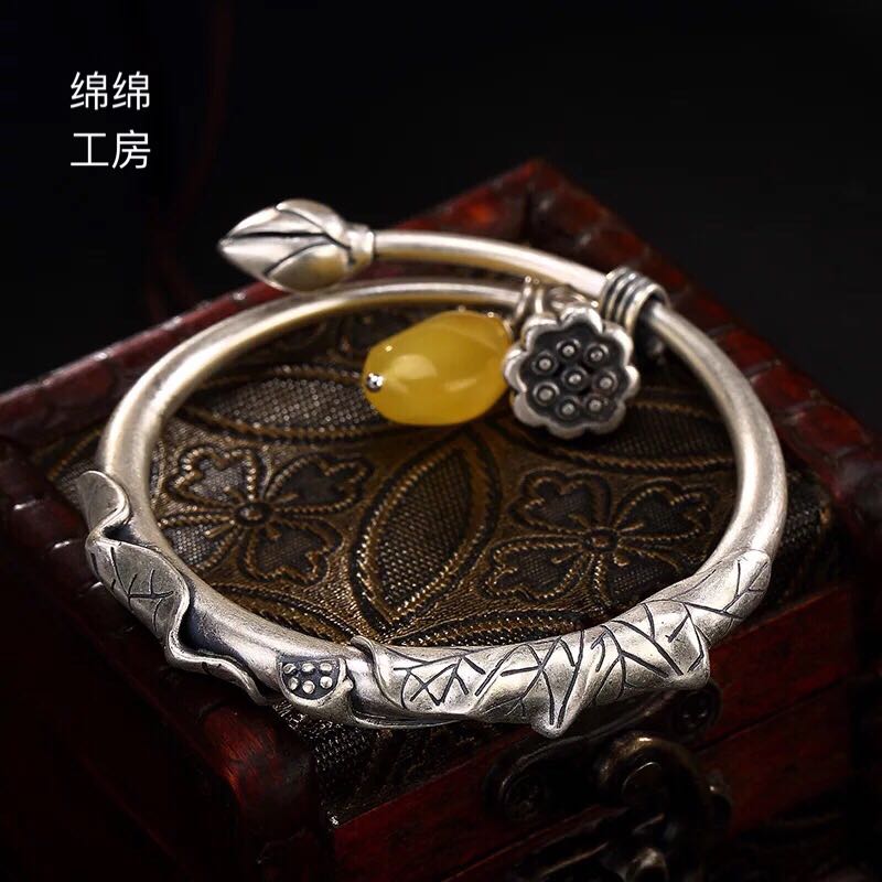 S990足銀蓮花蓮蓬蜜蠟女士款復古高檔啞光做舊純銀手鐲手環可愛