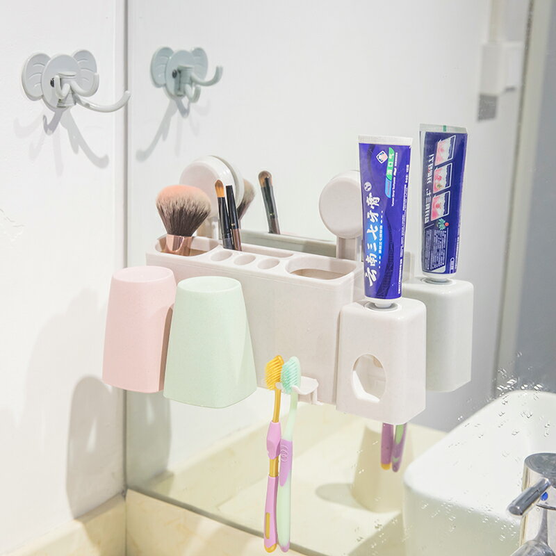 創意衛生間吸壁式自動擠牙膏器情侶壁掛漱口杯牙刷架子牙具座套裝1入