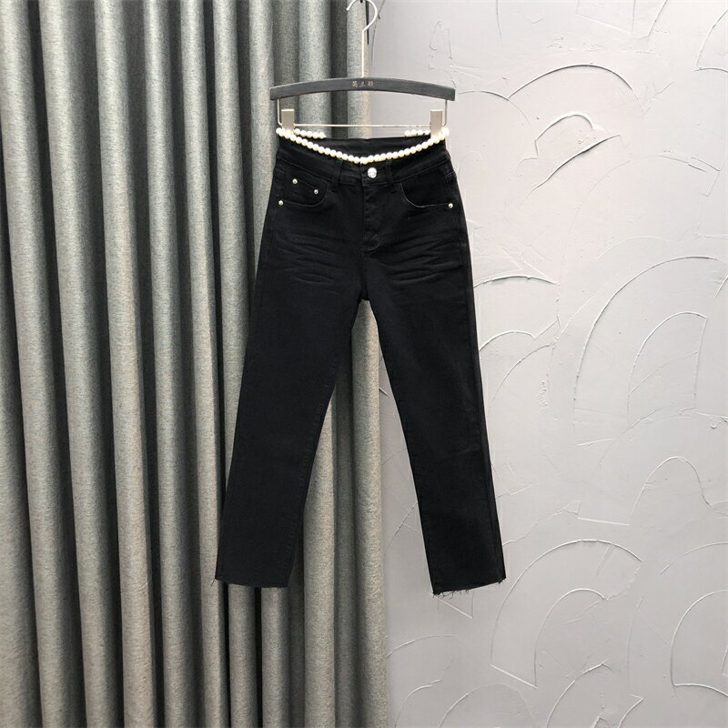 黑色牛仔褲女年秋季新款高腰顯瘦時尚高級珍珠設計九分直筒褲