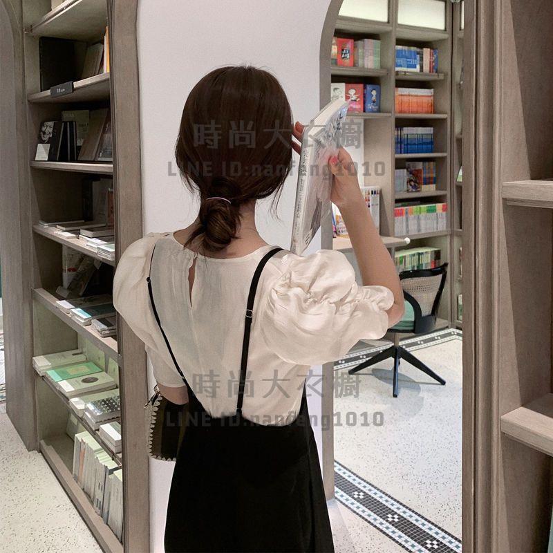 時尚套裝女短袖褲裝韓版氣質泡泡袖高腰背帶褲顯瘦兩件套【時尚大衣櫥】 3