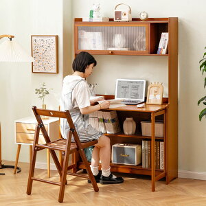 折疊書桌一體電腦桌子辦公桌學生家用小型臺式工作臺寫字臥室實木-快速出貨