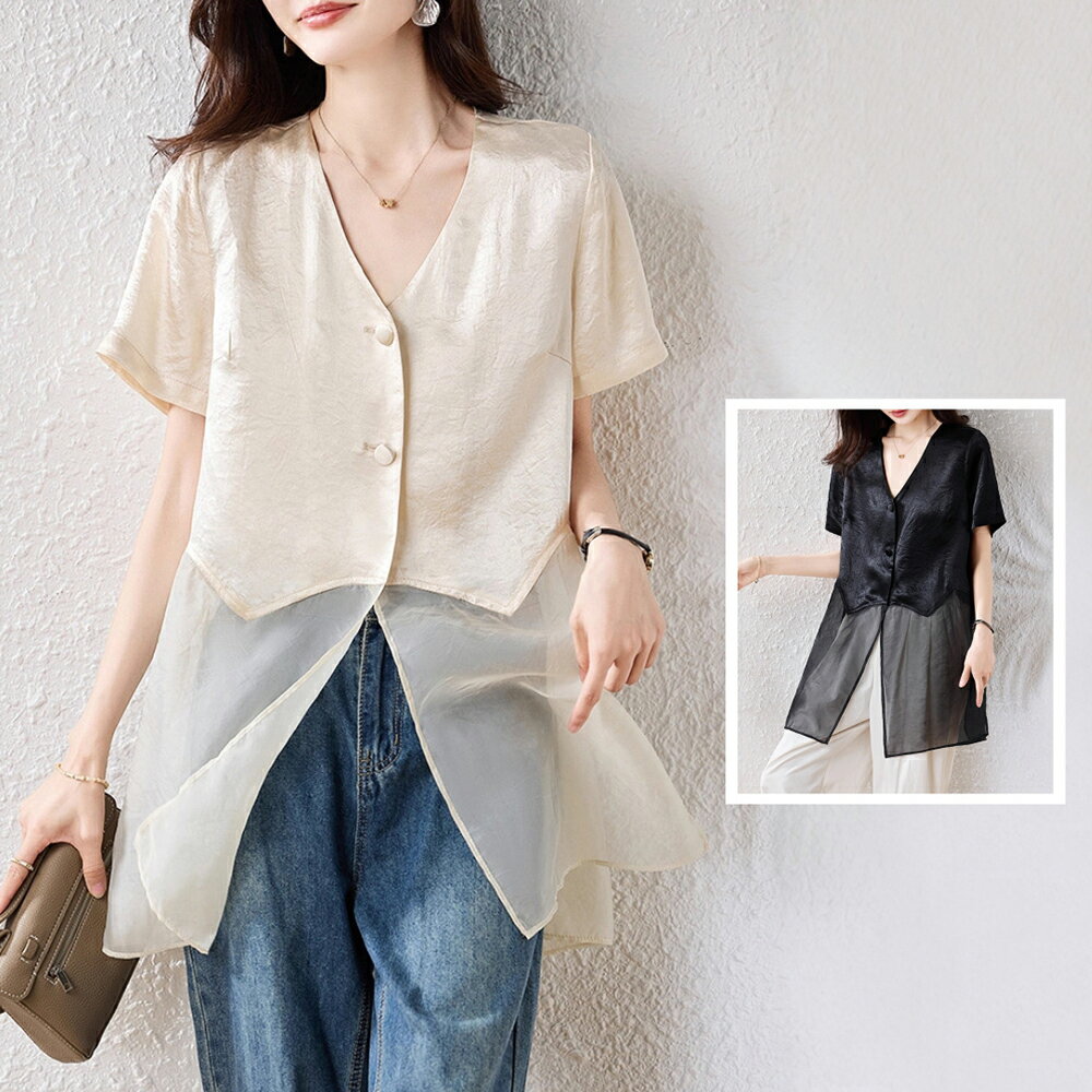 ＊ORead＊網紗拼接短袖襯衫上衣(2色L~5XL)