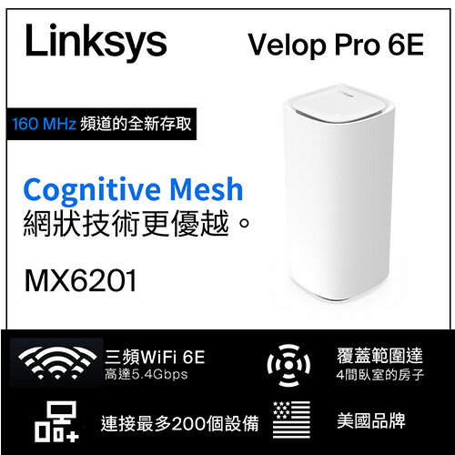 Linksys Velop Pro AXE5400 WiFi 6E 三頻 無線網狀路由器MX6201-AH(一入)原價7990(省3200)