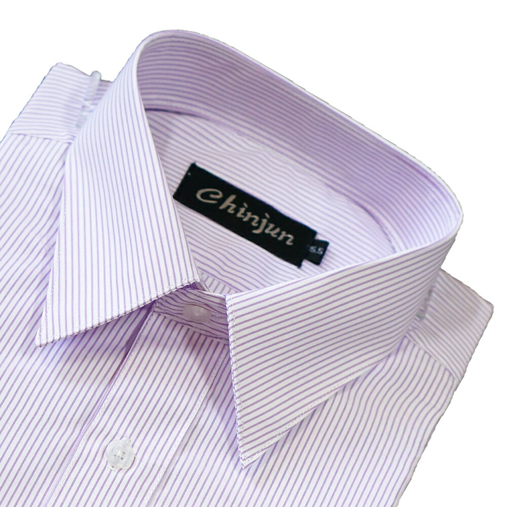 Chinjun男士商務抗皺襯衫-長袖-白底紫線條紋(2014-1) 男襯衫 立領 上班 標準 正式 紳士 面試