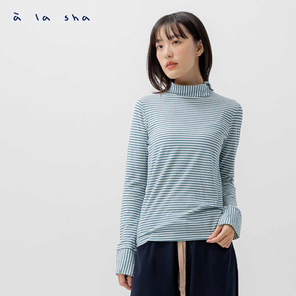 a la sha 反折領條紋長袖上衣